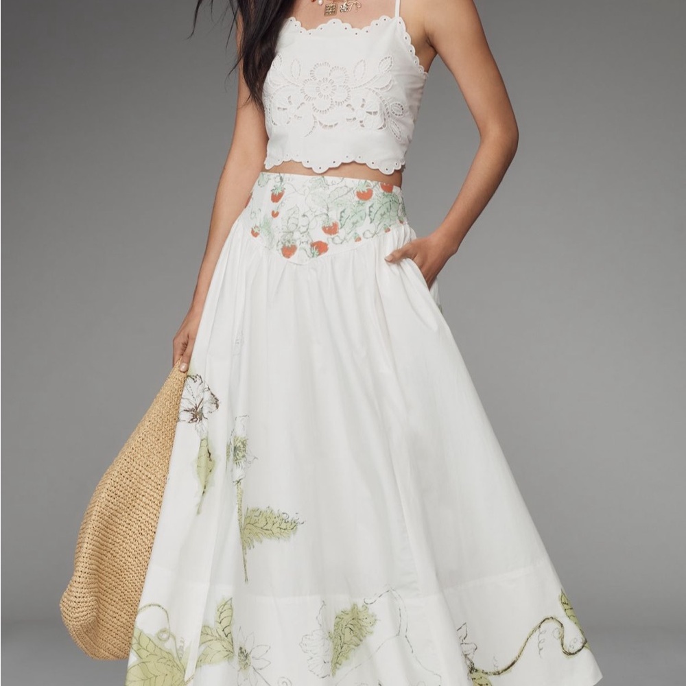Anthropologie White and Green Floral Midi Skirt
